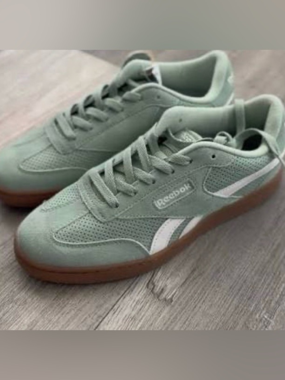 Free Shipping Reebok Women’s Sage Green Suede Sneakers with White Stripes - Picture 2 of 3